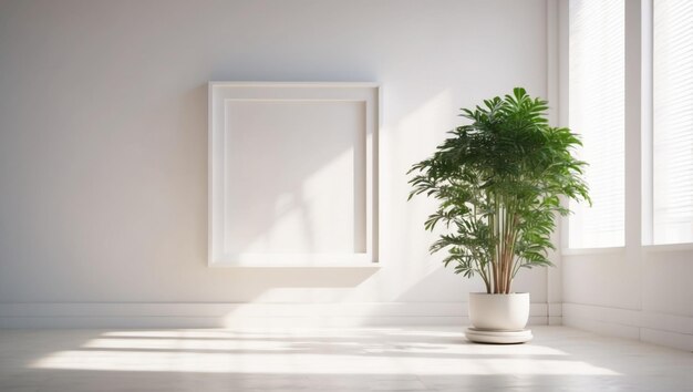 Bright and beautiful white room with a picture frame and a plant light and shadow