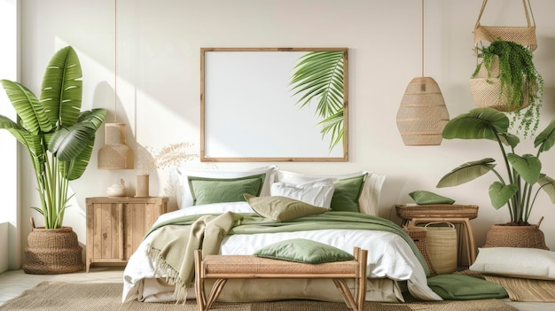 A bright bedroom interior featuring a mockup frame rattan wooden furniture and green accents