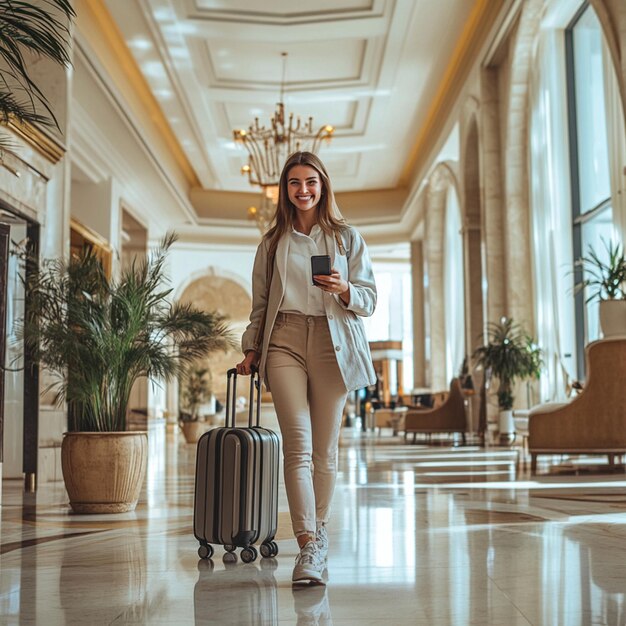 Photo bright beginnings stepping into a luxurious hotel lobby