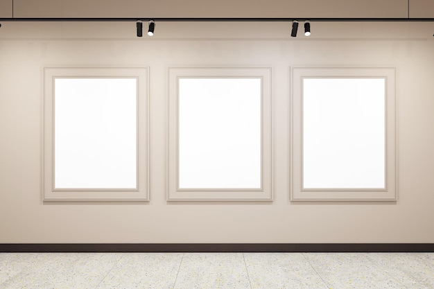 Bright beige gallery room interior with three blank white picture frames and concrete floor Gallery exhibition advertising concept Mockup 3D Rendering