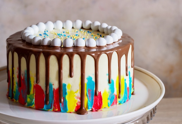 Bright birthday cake with chocolate