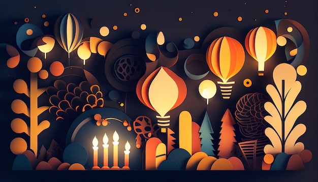 Bright birthday lights in paper cut style Generative AI