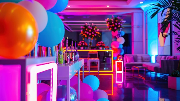 Photo bright birthday party with neon decorations and a trendy photo booth