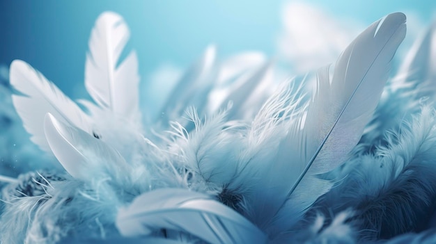 A bright blue background with one white feather in the style of soft and dreamy pastels glimmering light effects nature inspired imagery fairycore soft focal points generate ai