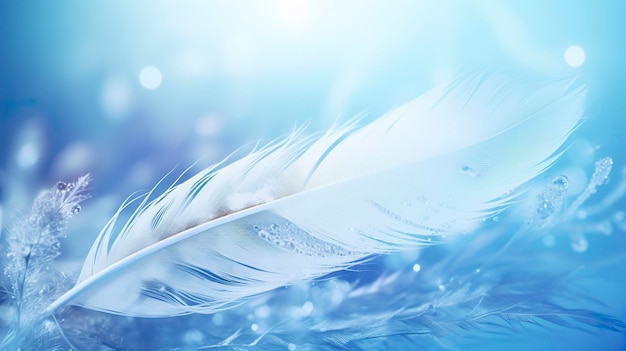 A bright blue background with one white feather in the style of soft and dreamy pastels glimmering light effects nature inspired imagery fairycore soft focal points generate ai