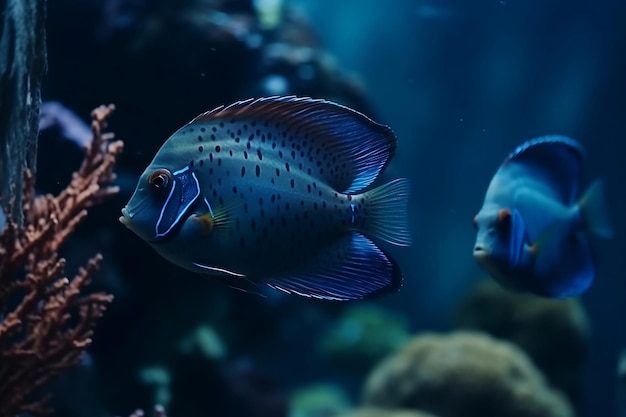 Bright blue fish swims in the sea Generative AI