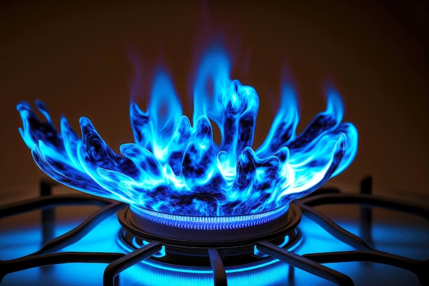 Bright blue flame from burning gas on gas kitchen stove in kitchen