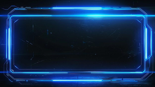 A bright blue neon frame against a dark background