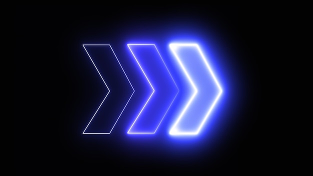 Bright blue neon light arrows pointing to the right 3D rendering of glowing neon arrows on a black background Flashing direction indicators