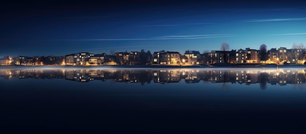 The bright blue sky reflects the city lights on the river