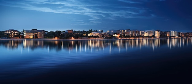 The bright blue sky reflects the city lights on the river