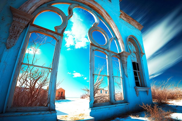 Bright blue sky through arched windows of beautiful old house