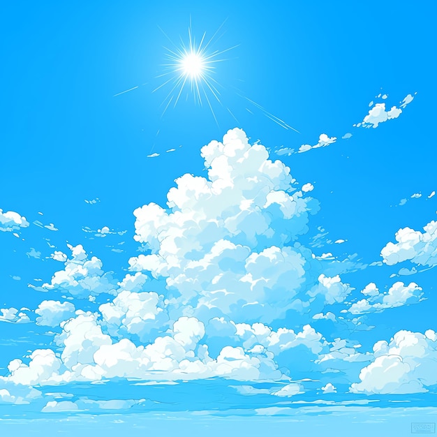 Bright blue sky with fluffy white clouds and a shining sun capturing the serene beauty