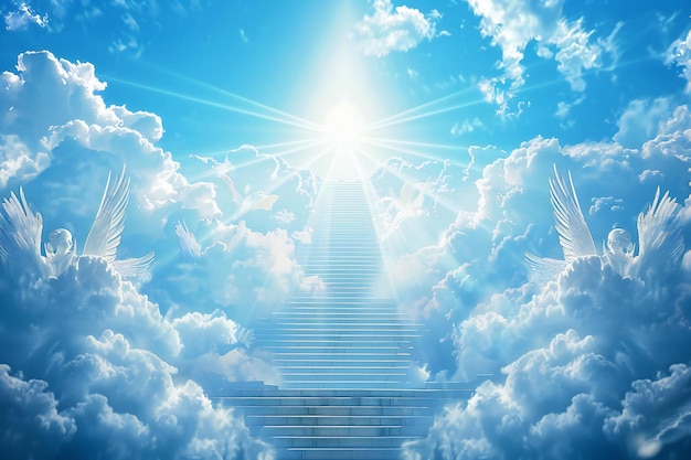 Photo a bright blue sky with white clouds a stairway leading to heaven in the center of frame white ligh