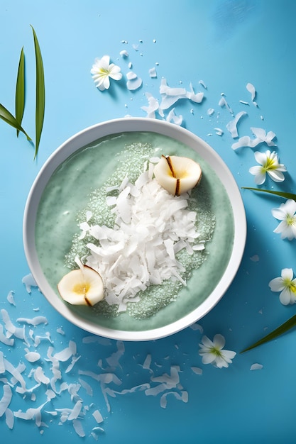 Photo bright blue spirulina smoothie bowl with coconut and kiwi on blue background