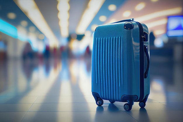 Bright blue travel suitcase in airport on blurry background created with generative ai