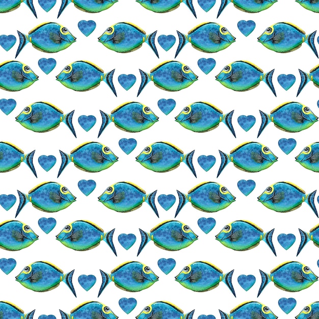 Bright blue tropical fish with hearts on a white background Watercolor illustration seamless pattern For fabric textile wallpaper packaging wrapping paper scrapbooking decoration and design