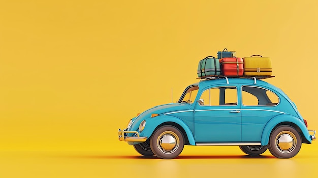 A bright blue vintage car loaded with colorful luggage on the roof