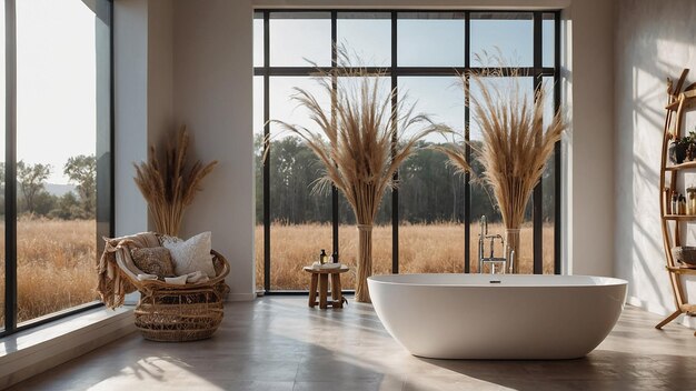 Photo bright bohochic bathroom with freestanding bath and panoramic window