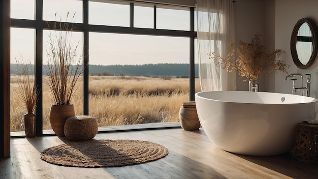 Photo bright bohochic bathroom with freestanding bath and panoramic window