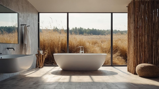 Photo bright bohochic bathroom with freestanding bath and panoramic window