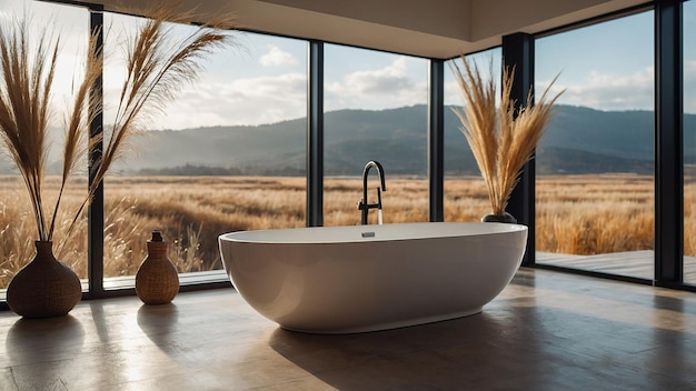 Photo bright bohochic bathroom with freestanding bath and panoramic window