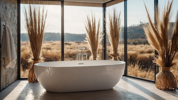 Photo bright bohochic bathroom with freestanding bath and panoramic window