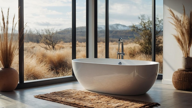 Bright BohoChic Bathroom with Freestanding Bath and Panoramic Window