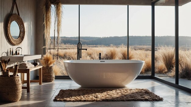 Photo bright bohochic bathroom with freestanding bath and panoramic window