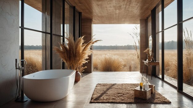 Photo bright bohochic bathroom with freestanding bath and panoramic window