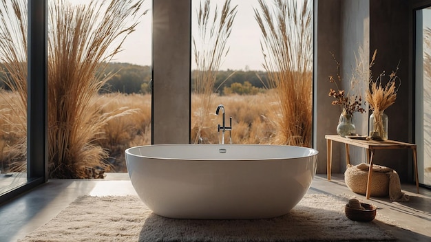 Photo bright bohochic bathroom with freestanding bath and panoramic window