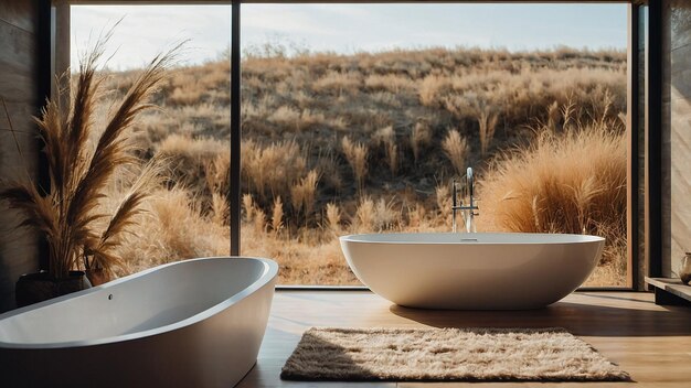 Photo bright bohochic bathroom with freestanding bath and panoramic window