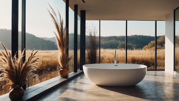 Bright BohoChic Bathroom with Freestanding Bath and Panoramic Window