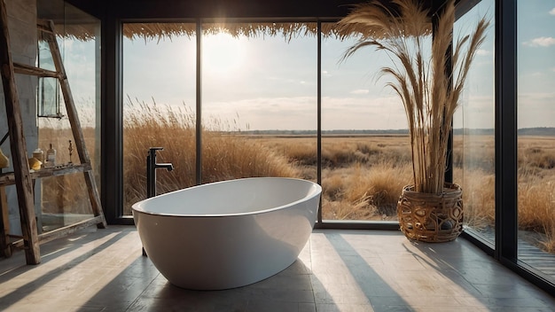 Bright BohoChic Bathroom with Freestanding Bath and Panoramic Window