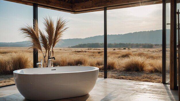 Bright BohoChic Bathroom with Freestanding Bath and Panoramic Window