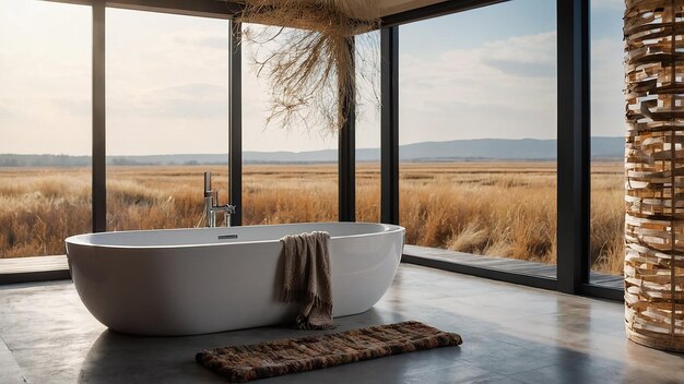 Photo bright bohochic bathroom with freestanding bath and panoramic window