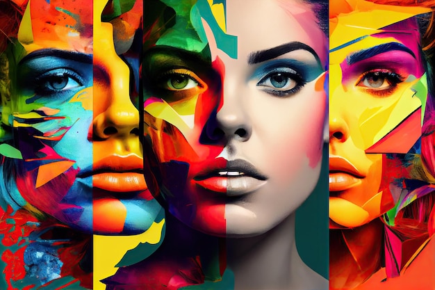 Bright and bold face collage with contrasting colors