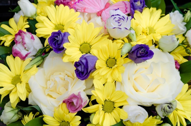 A bright bouquet of flowers with different colors.