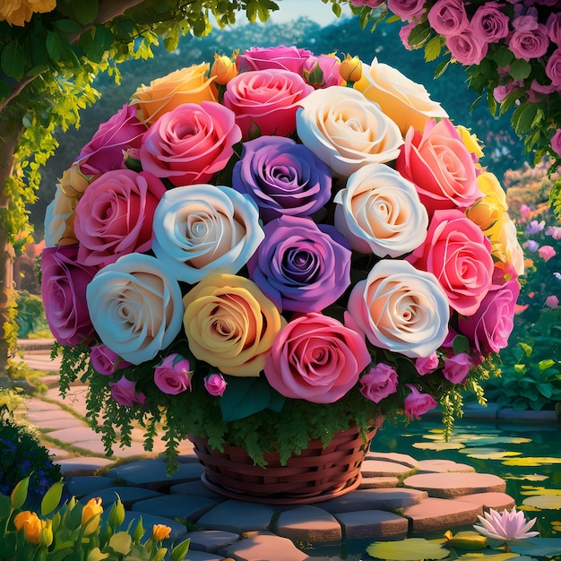 A bright bouquet with different type of roses is arranged in wooden basket