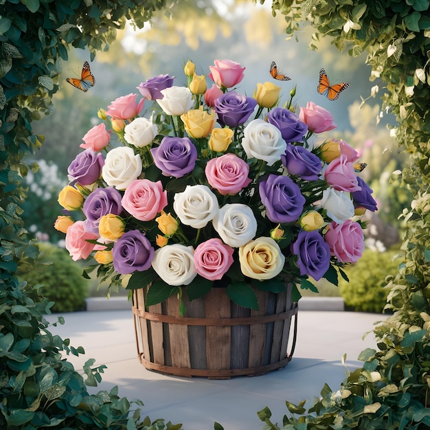 A bright bouquet with different type of roses is arranged in wooden basket