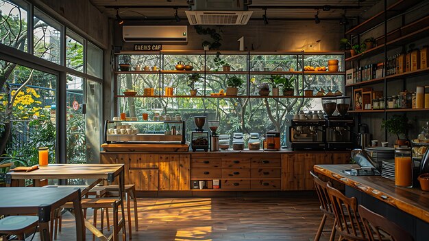 A bright cafe with an extensive coffee menu and fresh juice creating a cheerful atmosphere