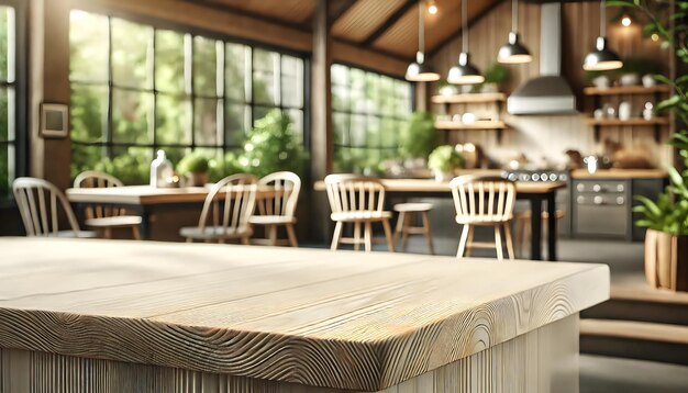 Photo bright cafe with wooden table ready for product showcase