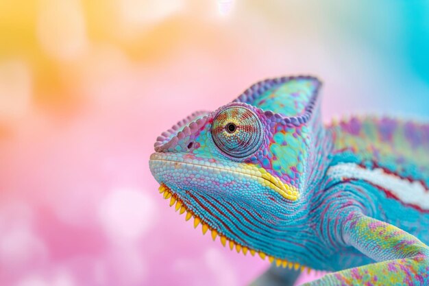 Photo bright chameleon closeup on a rainbow background bright and contrasting