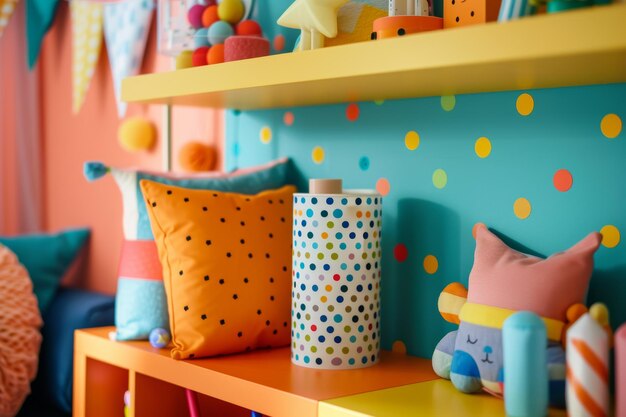 Photo bright and cheerful childrens playroom with air freshener and colorful toys on shelves for home decor