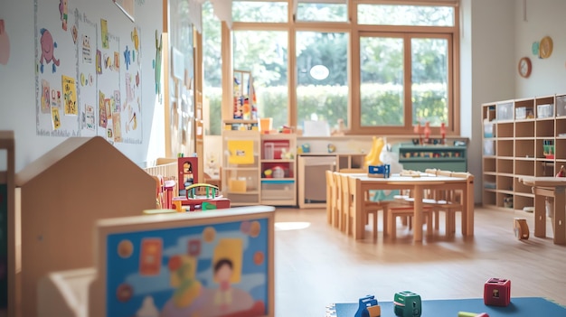 Photo a bright and cheerful classroom with colorful toys and a large window