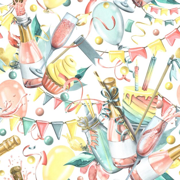 Bright cheerful festive seamless pattern with champagne cake gifts balloons and confetti flags Watercolor illustration from the HAPPY BIRTHDAY collection On a white background