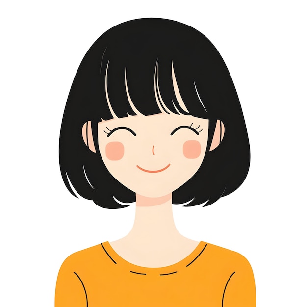 Bright and Cheerful Japanese Woman with Bob Haircut Smiling on a Simple Flat White Background