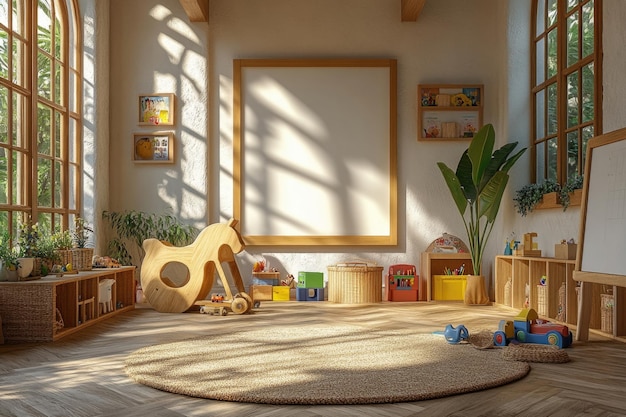 Photo bright and cheerful kindergarten playroom with rocking horse whiteboard and fun toys