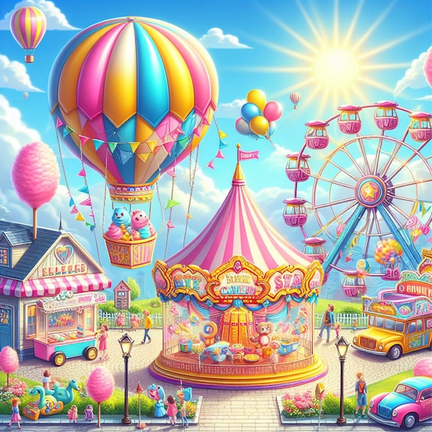 Bright and cheerful spring carnival with rides games and cotton candy stands under a sunny sky