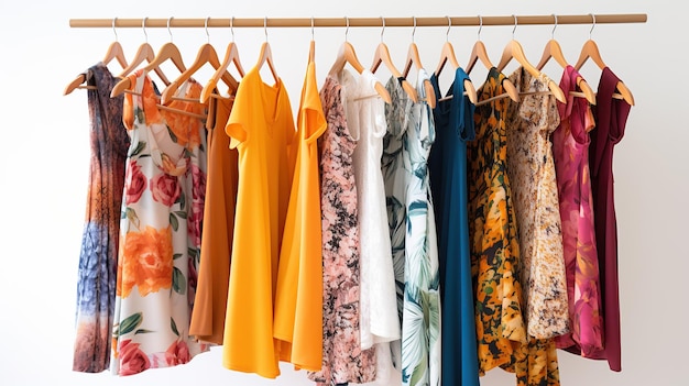 Bright and chic summer dresses selection on hangers exhibiting a contemporary fashion sense